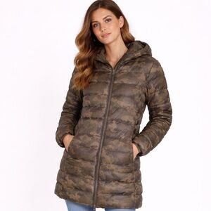 Eddie Bauer Camo Down Puffer Jacket Hooded Long Coat Large Lightweight Packable